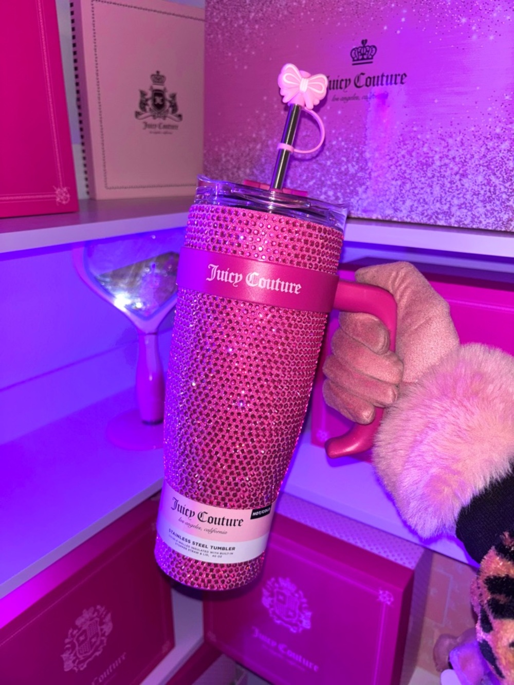 Juicy Couture Pink Crystal Travel Tumbler with Handle